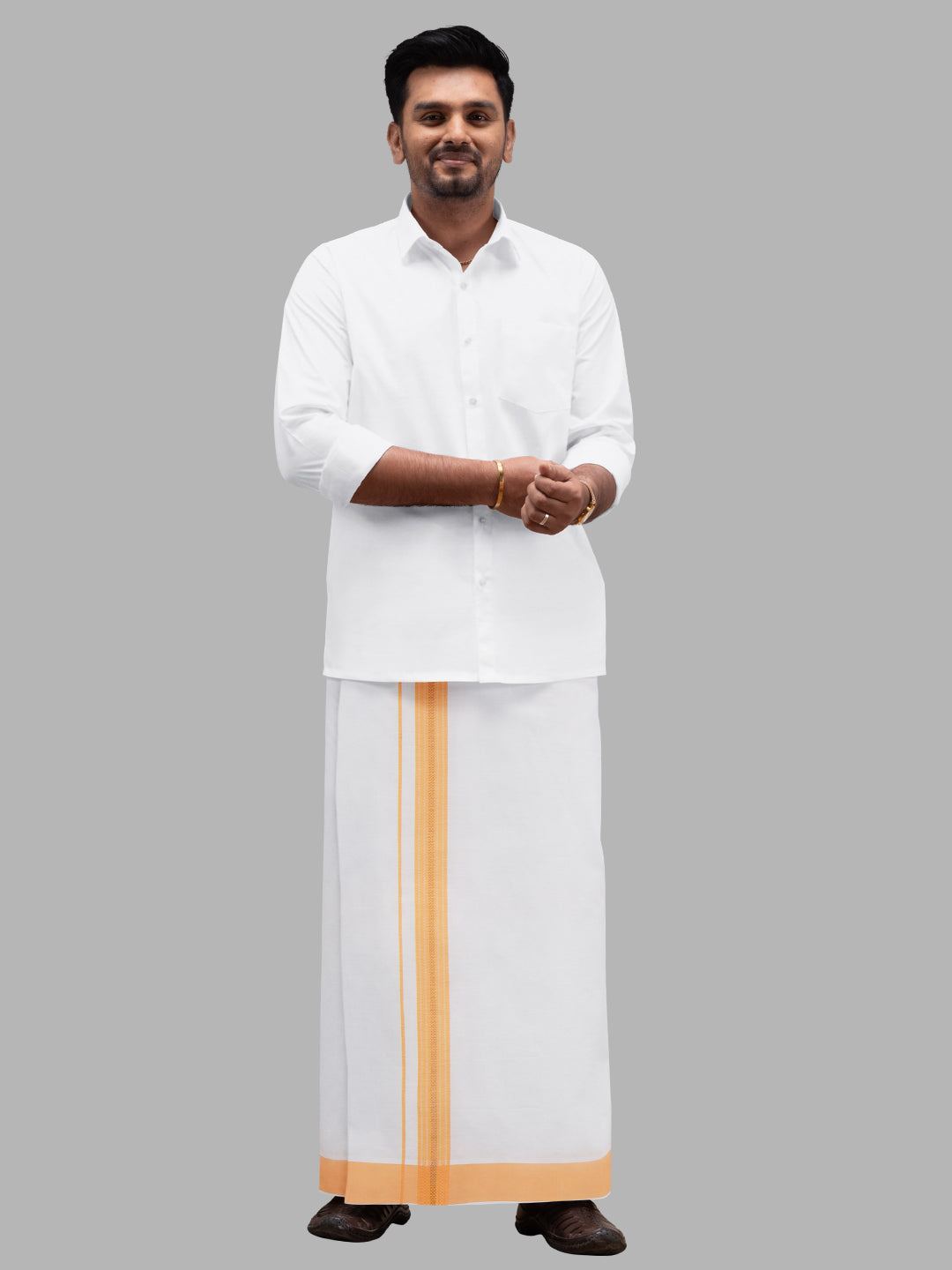 Men Cotton Blend Readymade Single Layer White Dhoti with Fancy Jari Border GACJ27