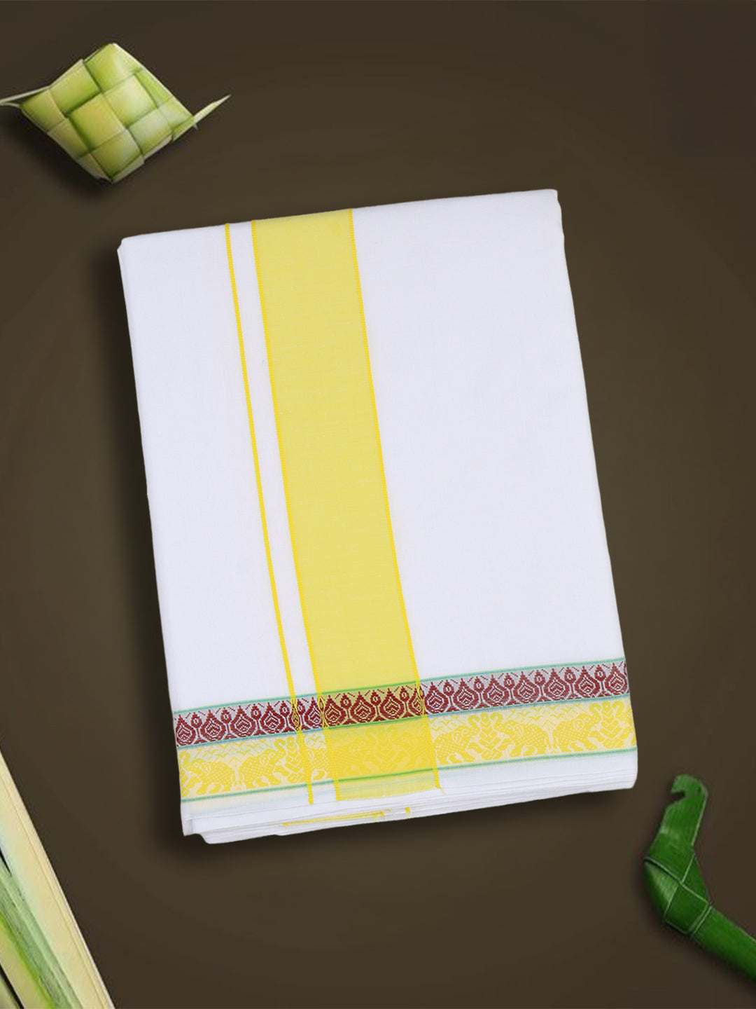 Men Cotton Yellow Fancy Border Panchakacham with Angavasthram (9+5) JD06