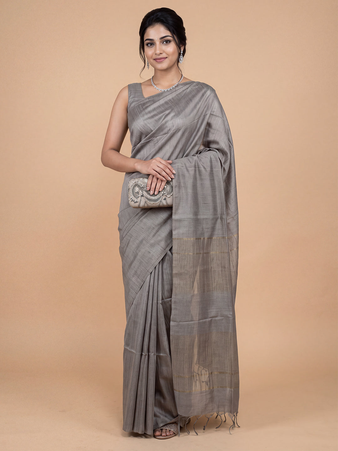 Women Semi Tussar Dark Grey Striped Saree ST361