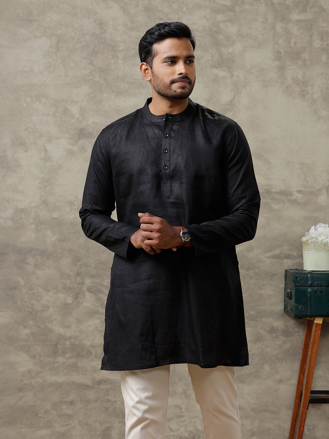 Men Linen Medium Length Kurta Black KAL10