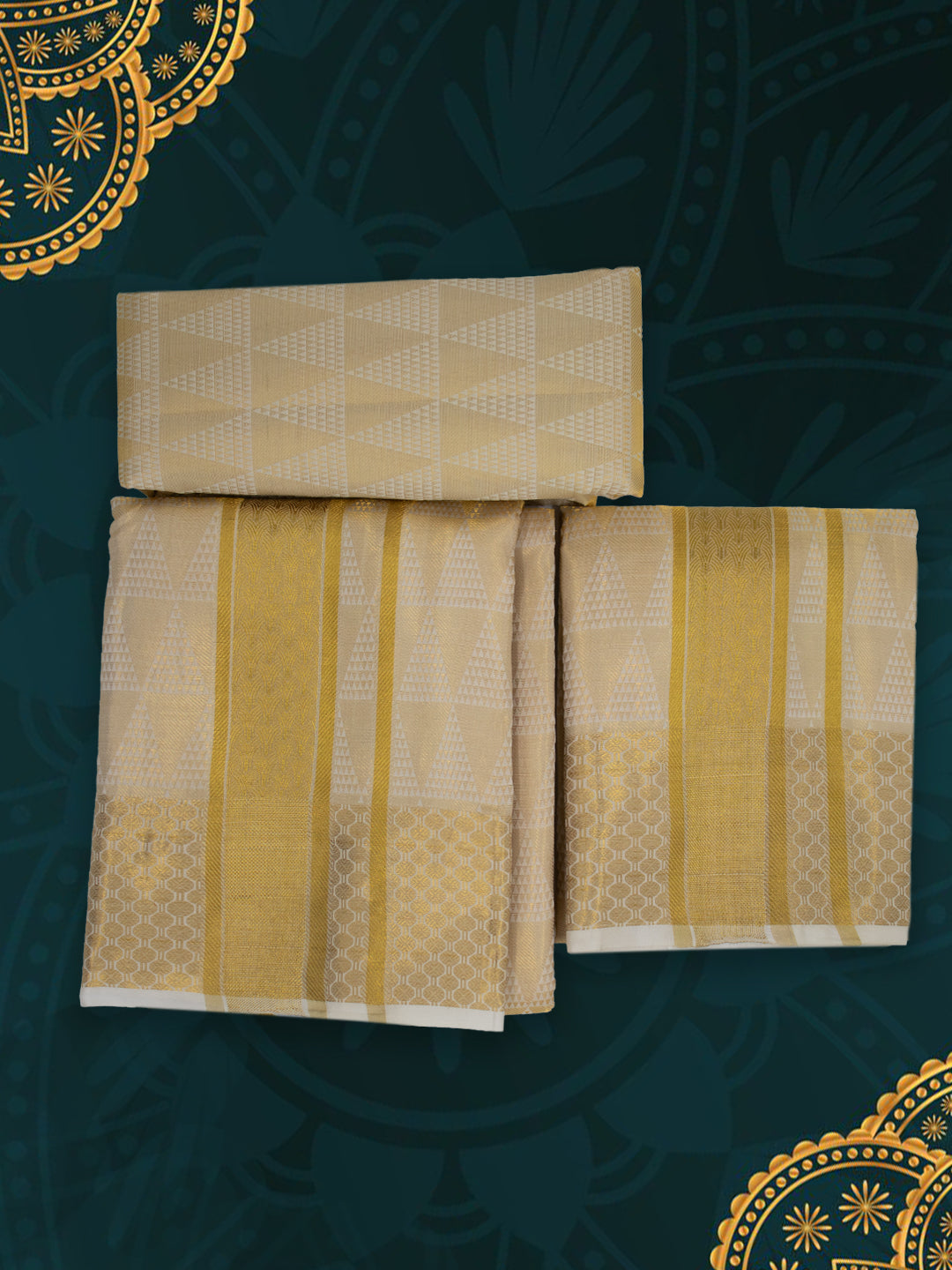 Men Premium Pure Silk Gold Tissue Emboss Design Dhoti Shirting & Towel Set with 5" inch Gold Jari Border RJ04