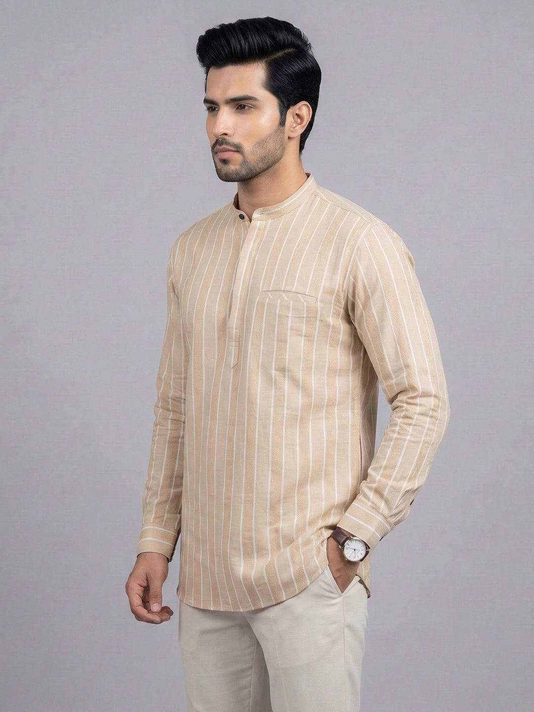 Men Cotton Short Length Striped Pocket Kurta Sand Beige RK53