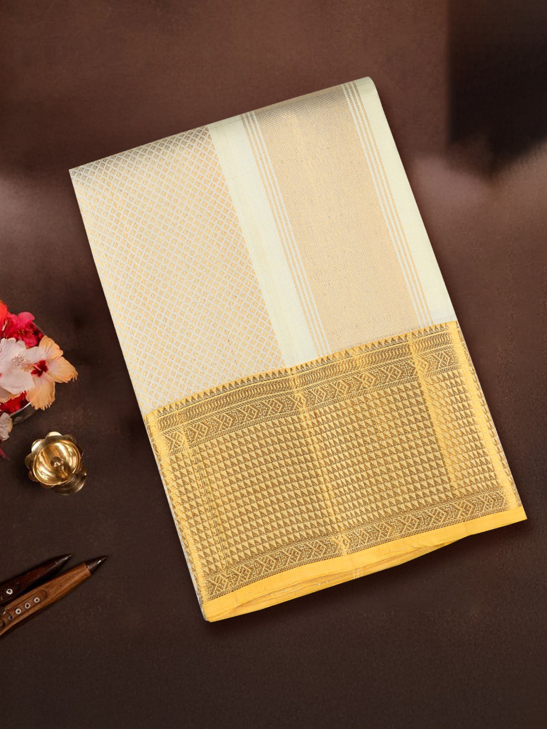 Men Luxury Premium Pure Silk Cream Dhoti Towel Set with 6" inch Gold Jari Border Amirtham AM19