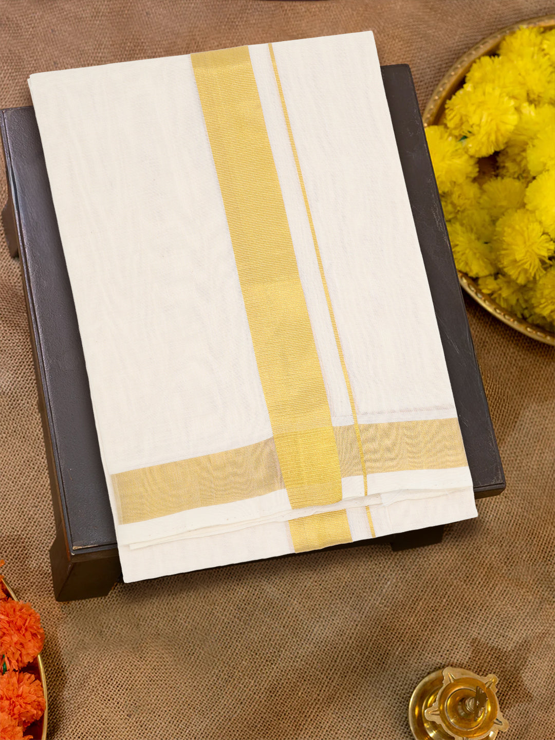 Men Premium Handloom Cream Dhoti with Jari Border HLM63