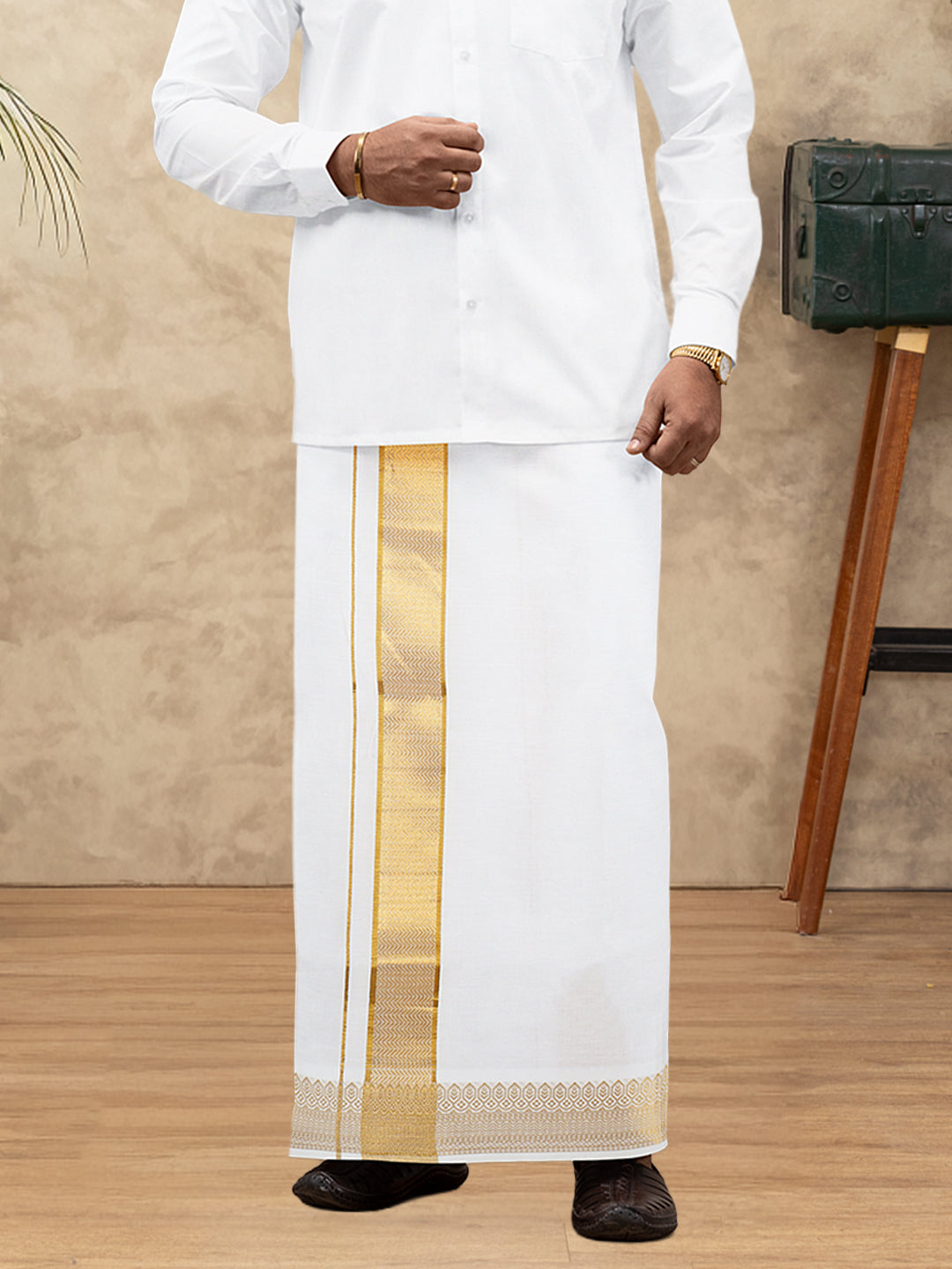 Men 100% Cotton Single Layer White Dhoti with Gold Jari Border Aura 315