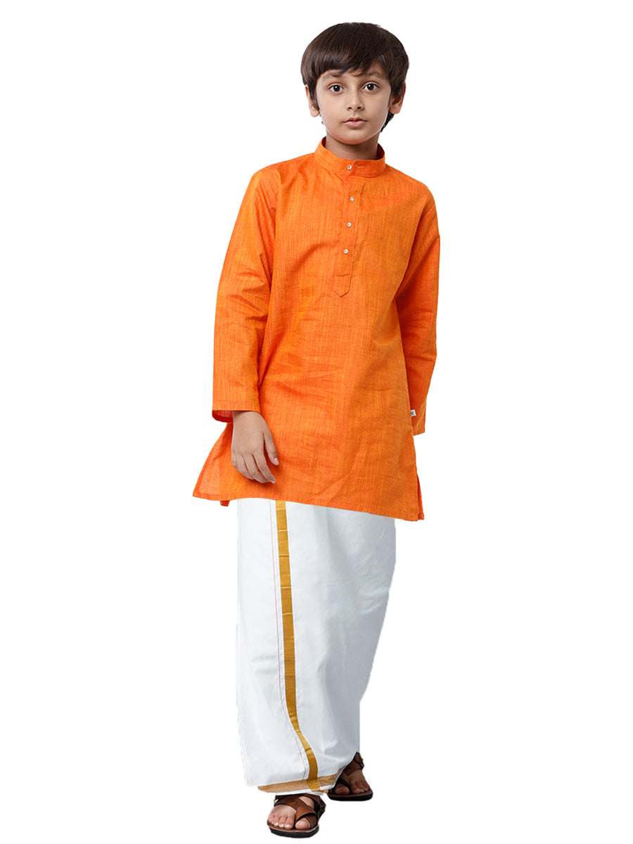 Like Father Like Son Orange Kurta and Gold Jari White Dhoti Combo FS3-Kid front view