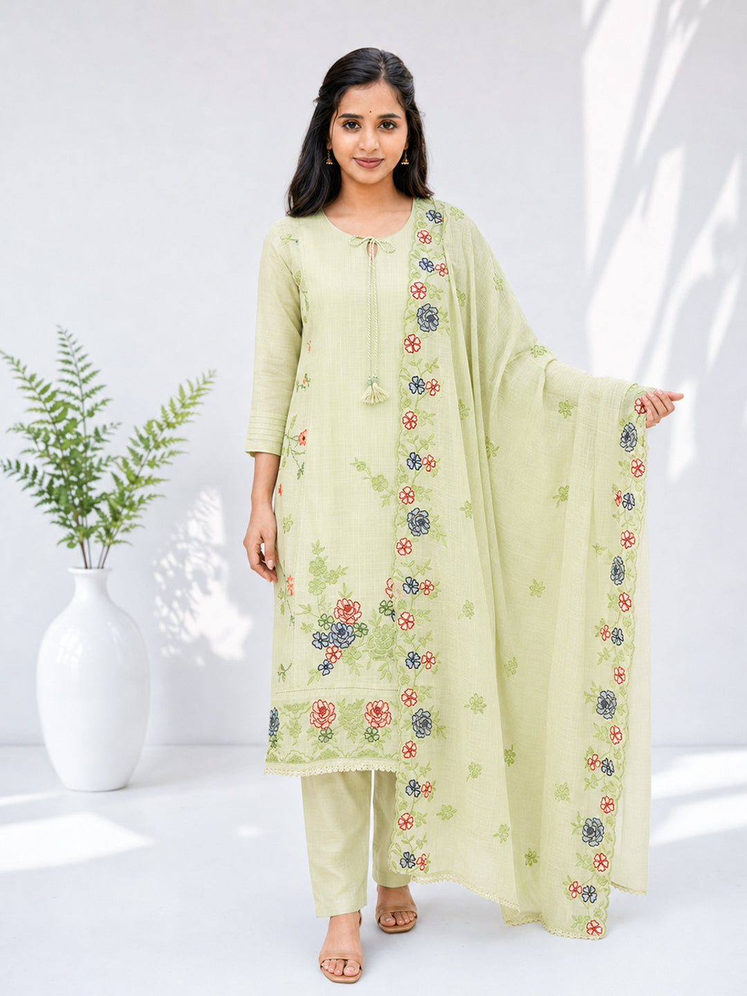 Women Embroidered Pista Green Kurti Set EKS143