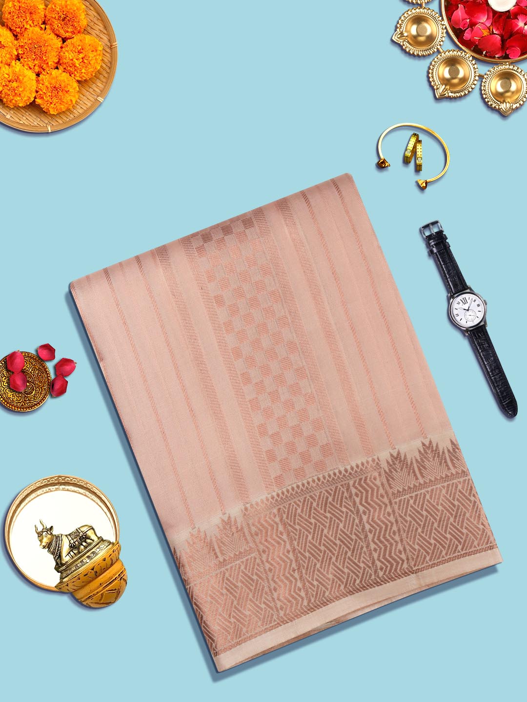 Mens Premium Pure Silk Cream Dhoti With Angavastram 3" copper fancy jari border Thirukalyan