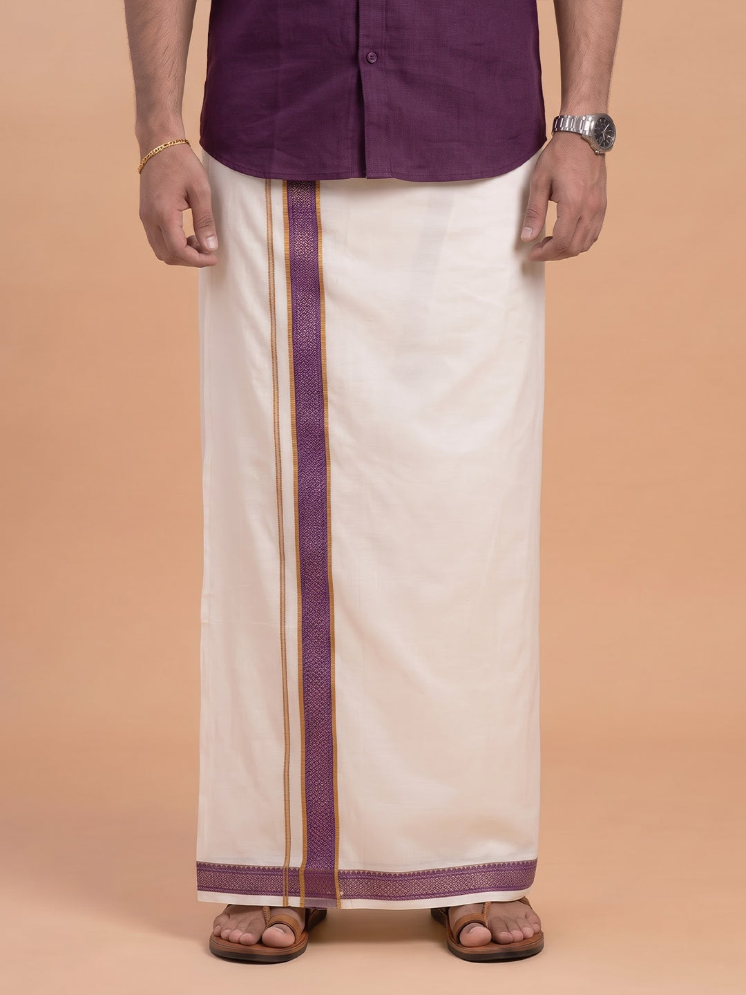 Double Layer 100% Cotton Cream Kora Dhoti with Colour Jari Border - CF01