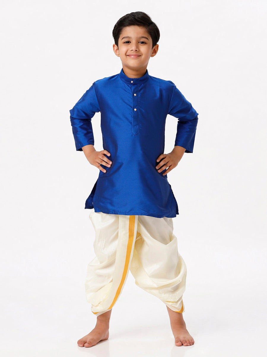 Boys Silk Cotton Full Sleeves Royal Blue Kurta with Panchakacham Combo