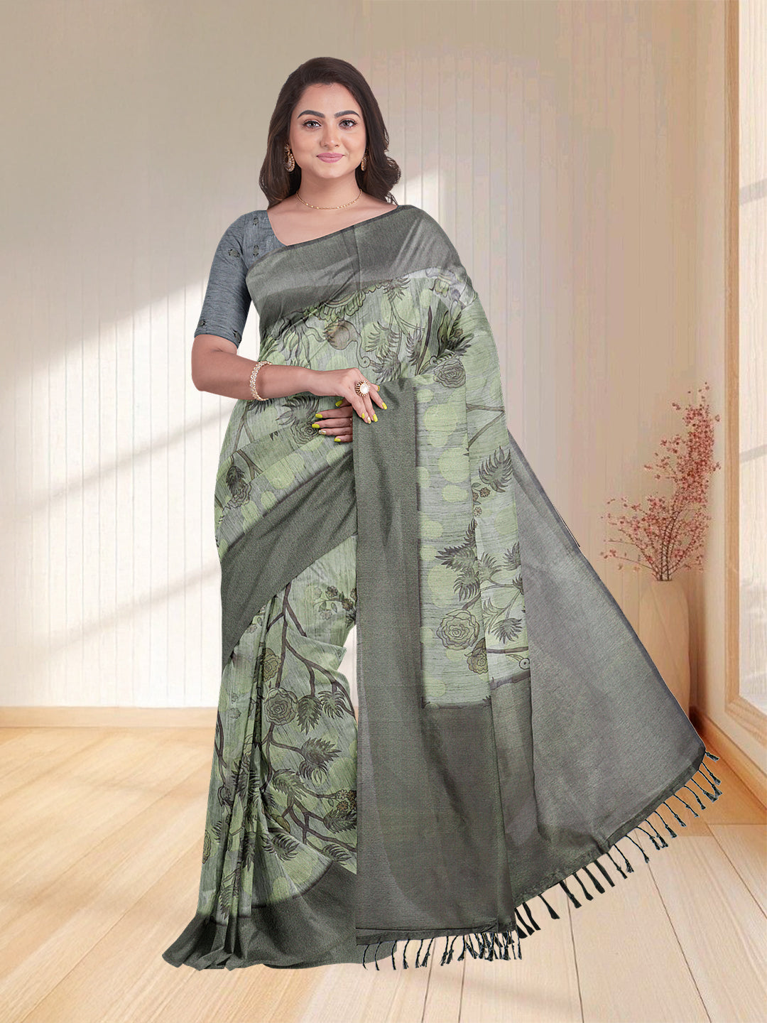 Women Green Semi Tussar Printed Saree ST260