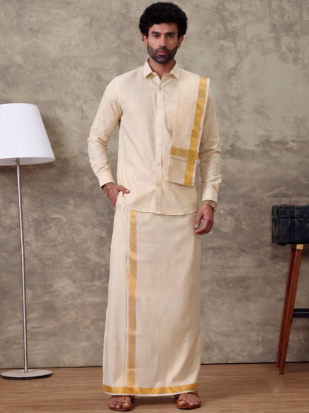 Tissue Gold Jacquard Shirt, Dhoti & Towel Set - GD13