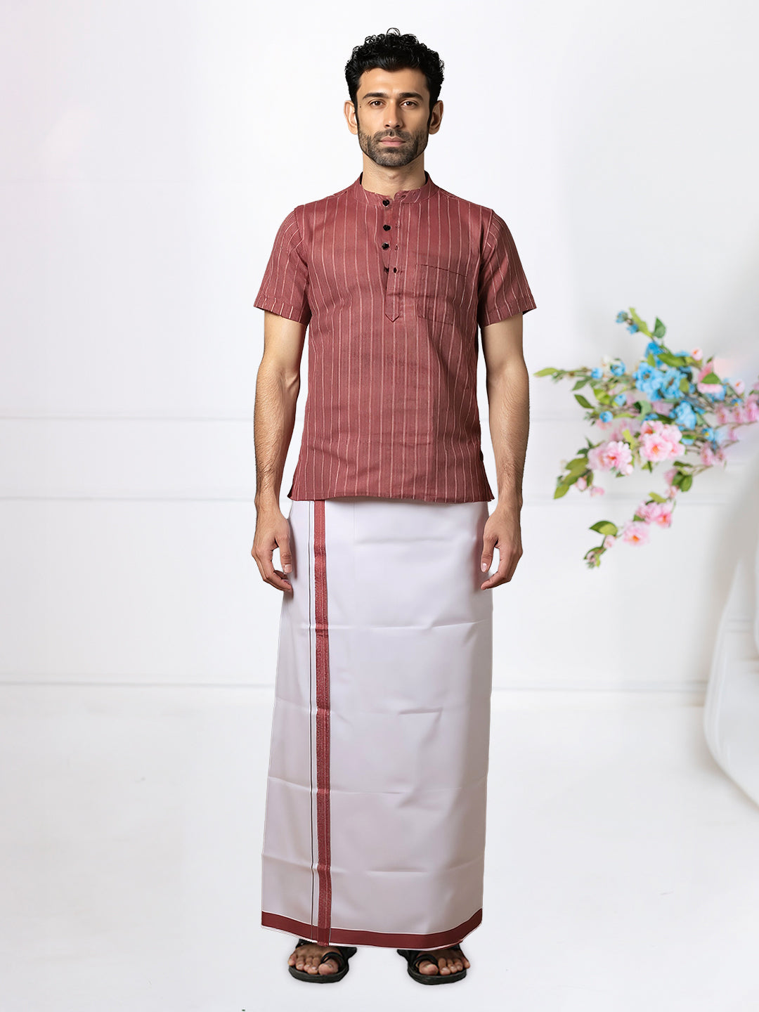 Men Coral Pink Short Length Kurta with Matching Border Dhoti Set RH04