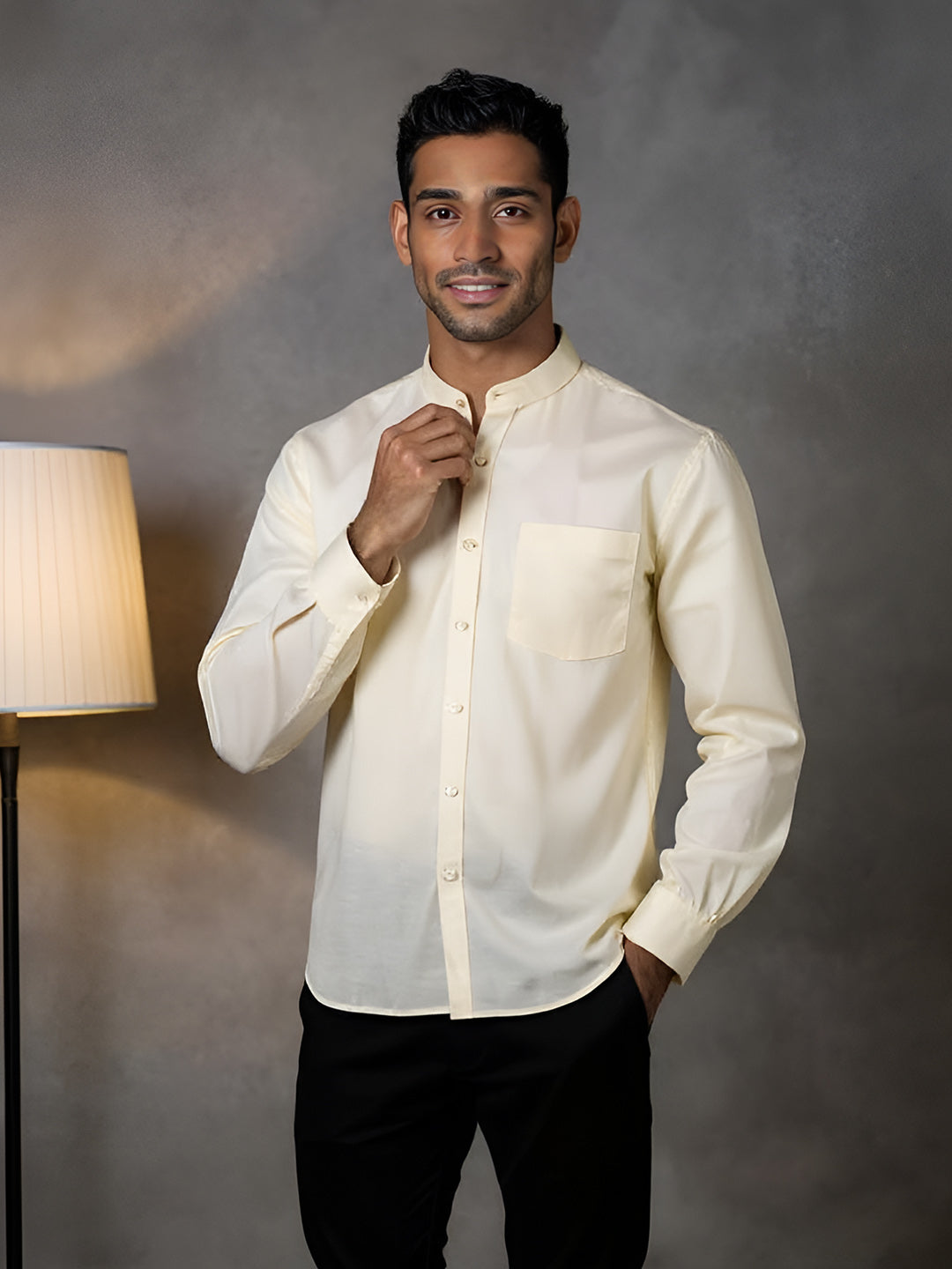 Men Cream Linen Cotton Chinese Collar Shirt LF12