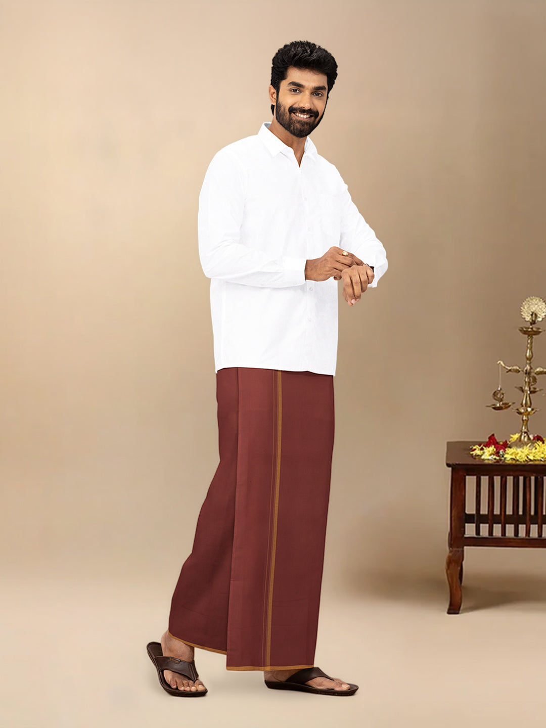Men Cotton Blend Single Layer Maroon Dhoti with Fancy Border Enrich Colour 14