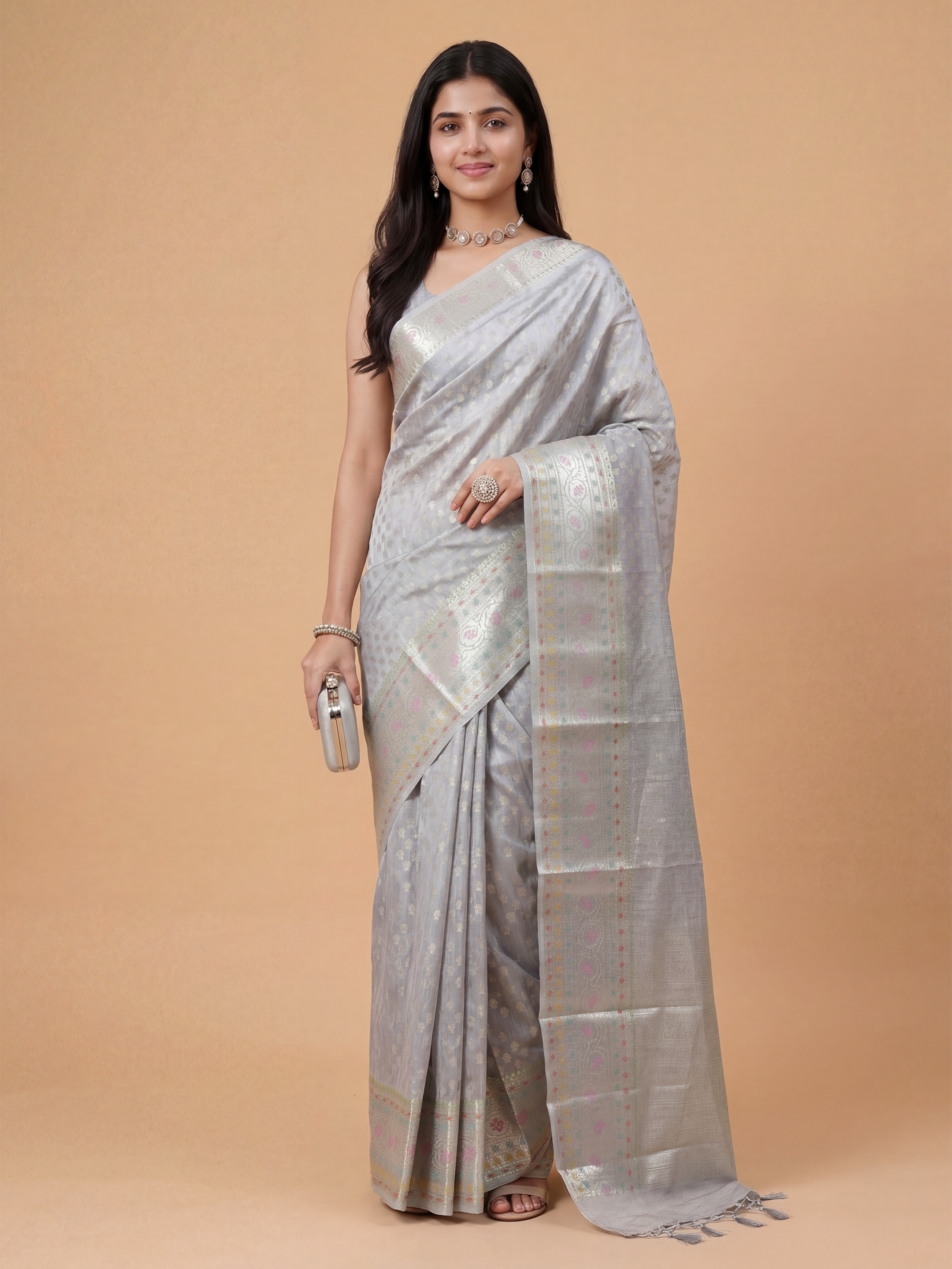 Women Tissue Grey Saree TS69