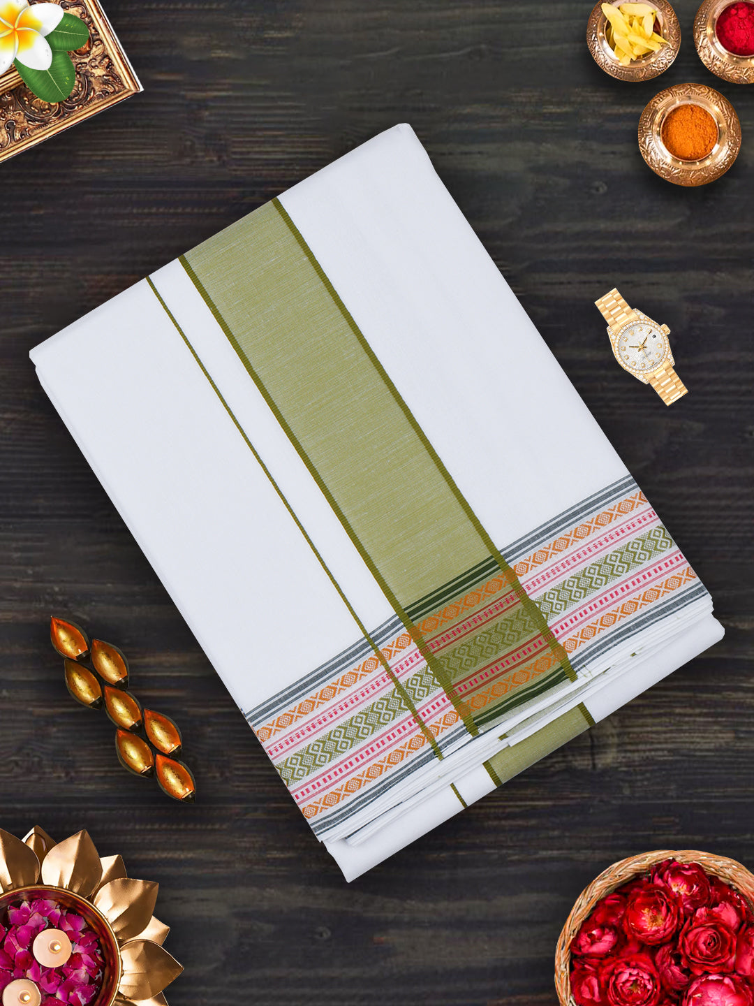 Mens White Panchakacham with Angavasthram Light Green Fancy Border Srirasthu (9+5)