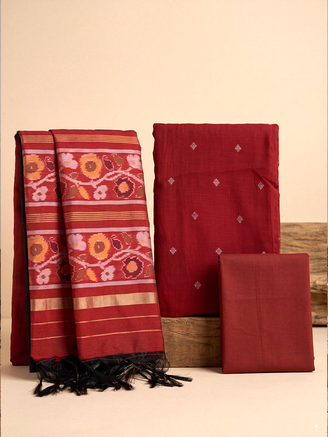 Women Semi Tussar Dress Material Red DM366