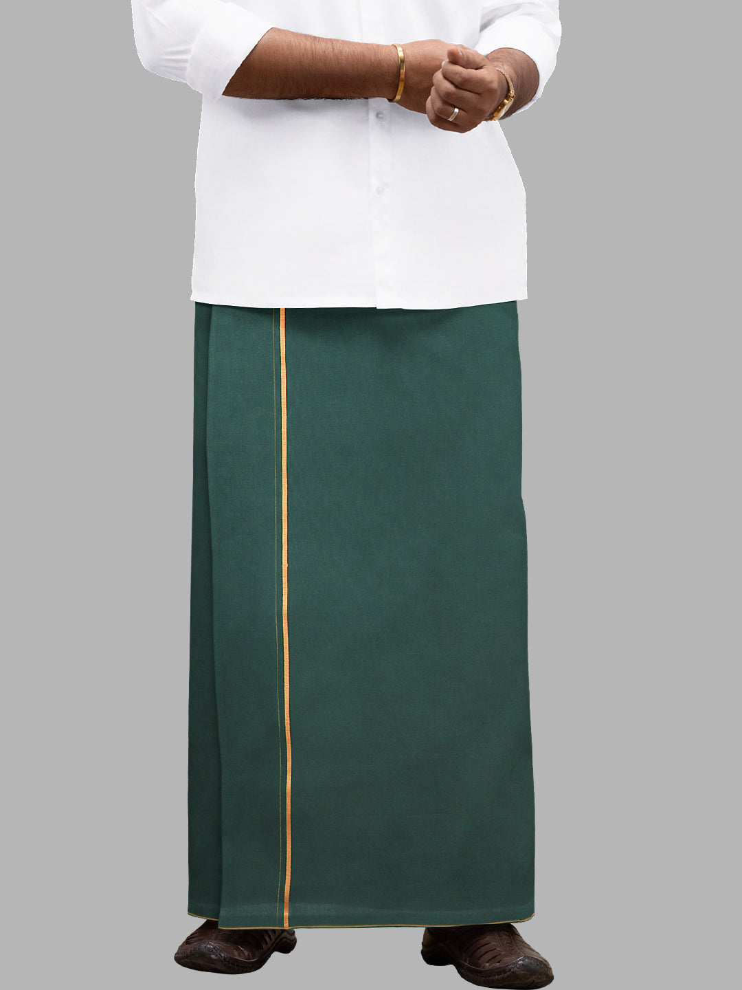 Men 100% Cotton Single Layer Bottle Green Dhoti with Assorted Border Poojan SB