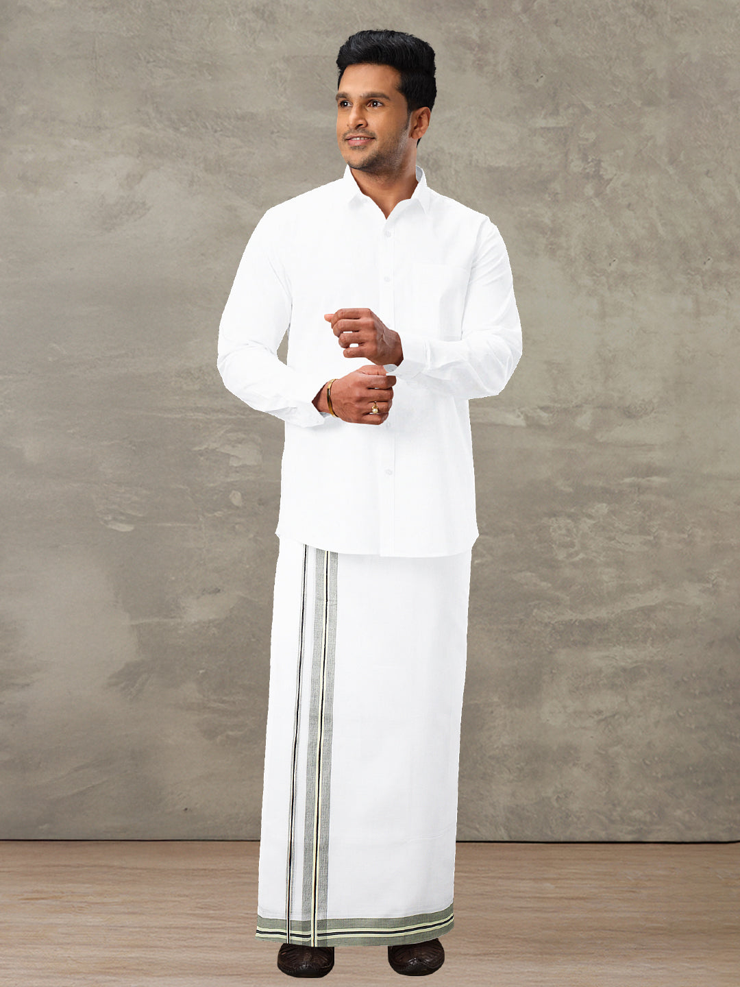 Men 100% Cotton Double Layer White Dhoti with Fancy Jari Border EJF13