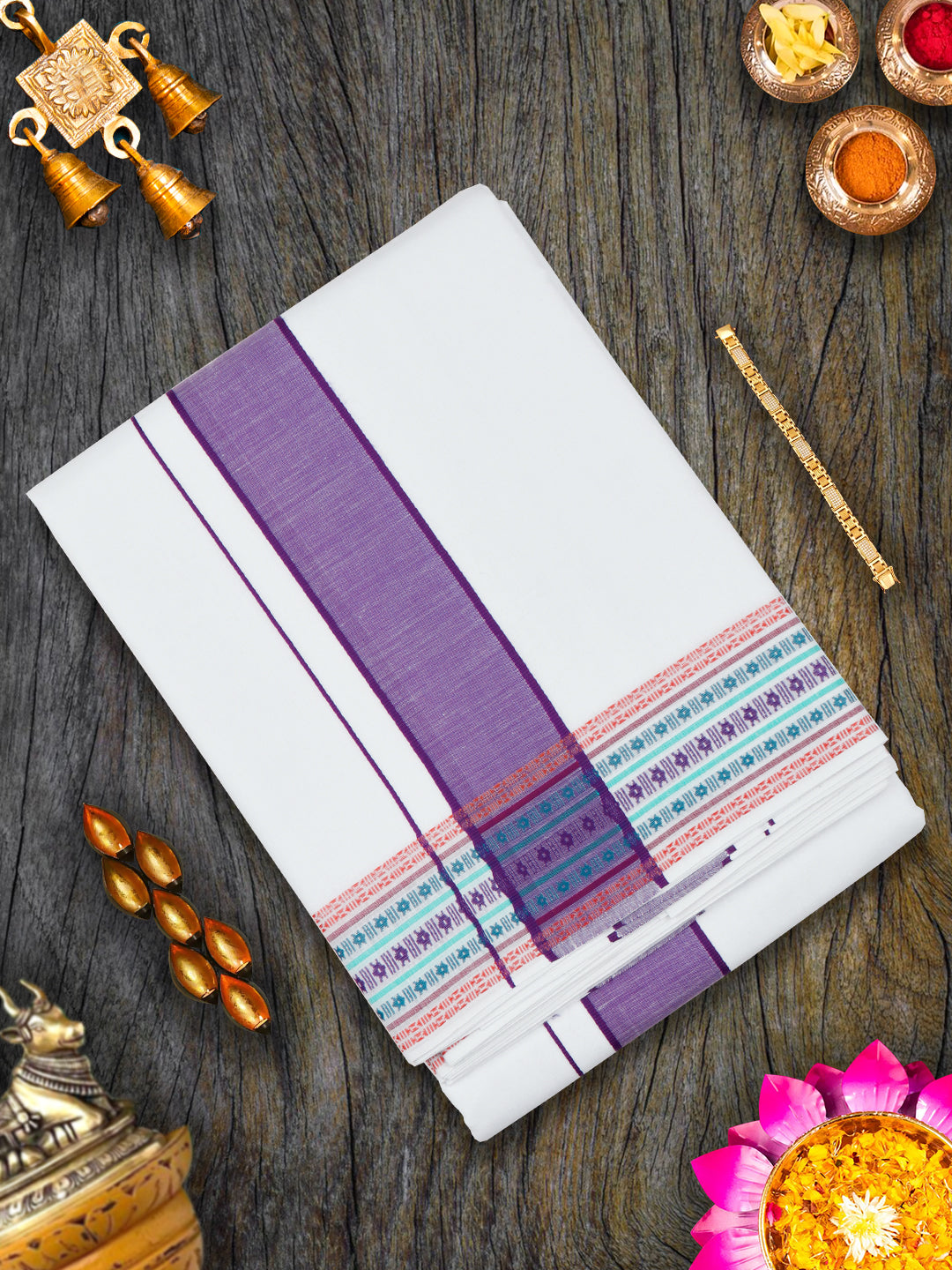 Mens White Panchakacham with Angavasthram Purple Fancy Border Srirasthu (9+5)