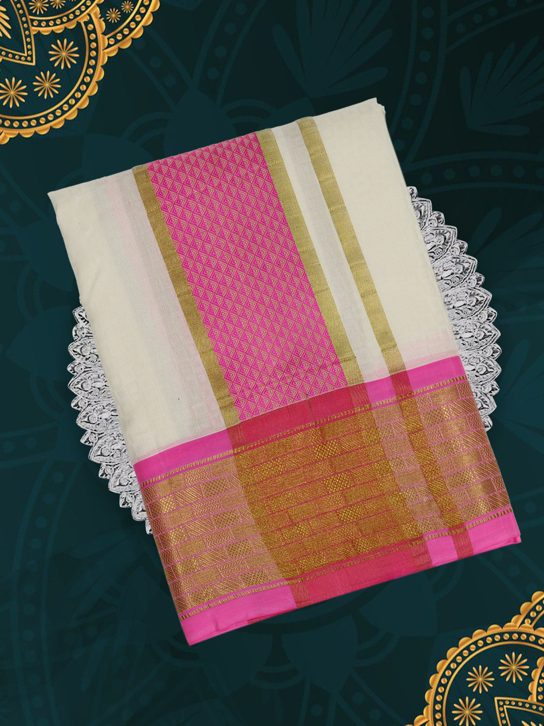 Men Pure Silk Cream Dhoti & Towel Set with 3" inch Pink & Gold Fancy Jari Border