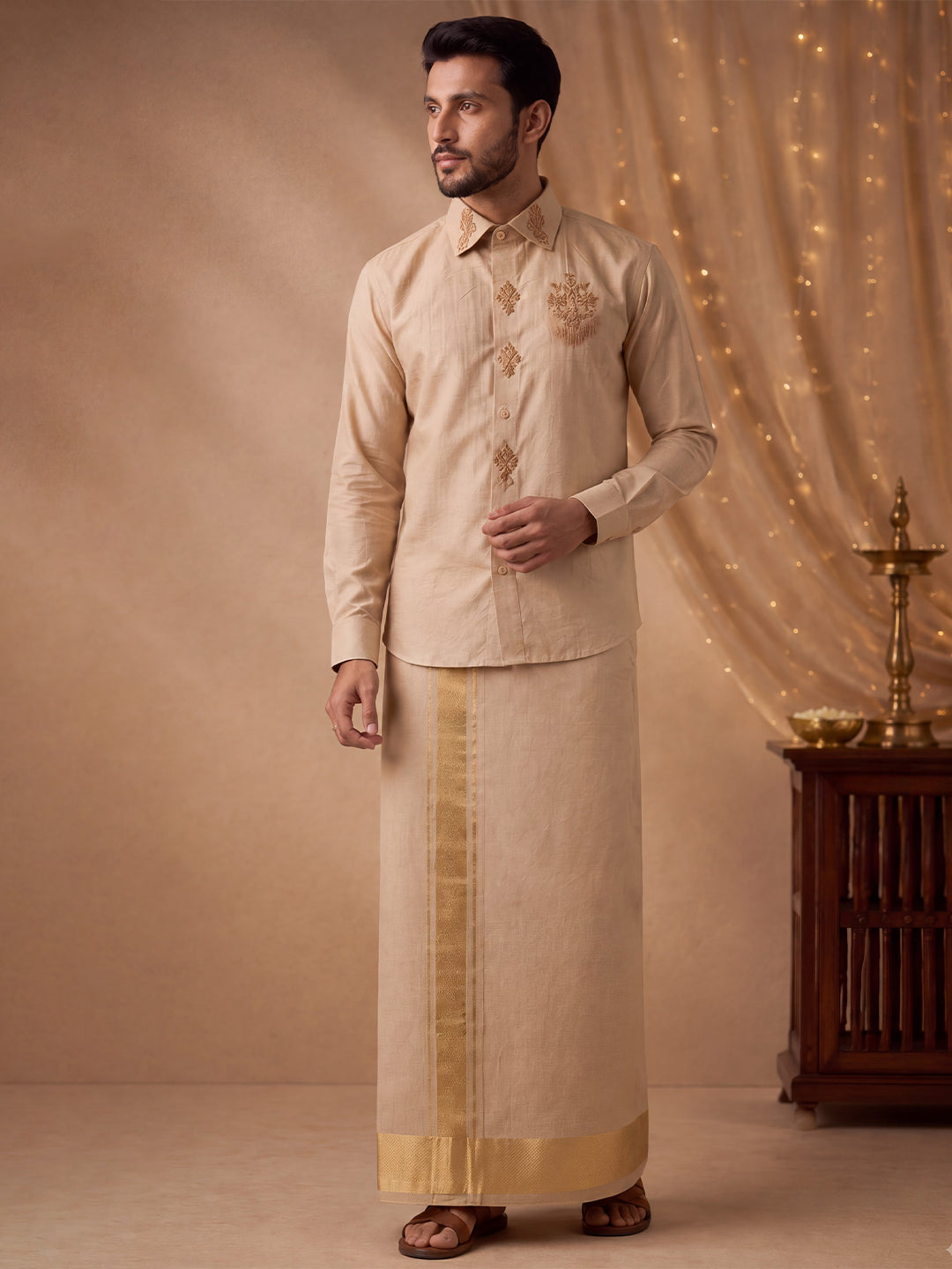 Premium Pure Tussar Silk Hand Embroidered Shirt & Dhoti Set with Royal Butta Detailing Signature Chest Emblem Jari | Rajarudhran