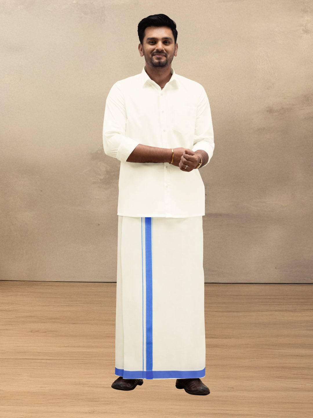 Men Kora Cotton Double Layer Dhoti with Blue Fancy Border VKF07
