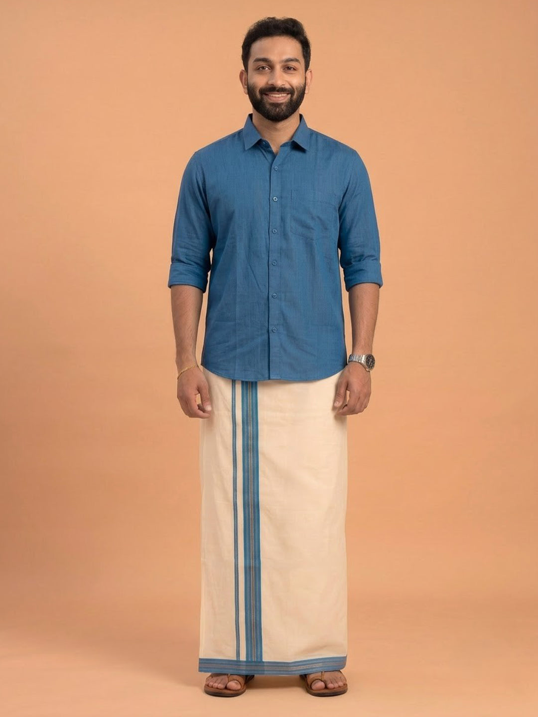 Double Layer 100% Cotton Cream Kora Dhoti with Colour Jari Border - RKF01