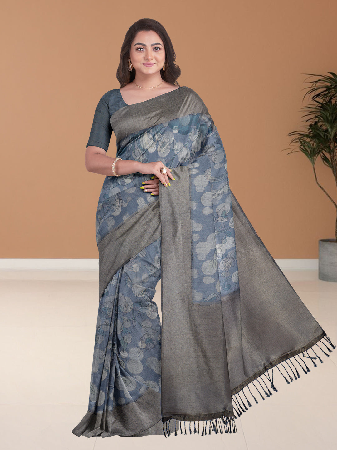 Women Pastel Blue Semi Tussar Printed Saree ST266