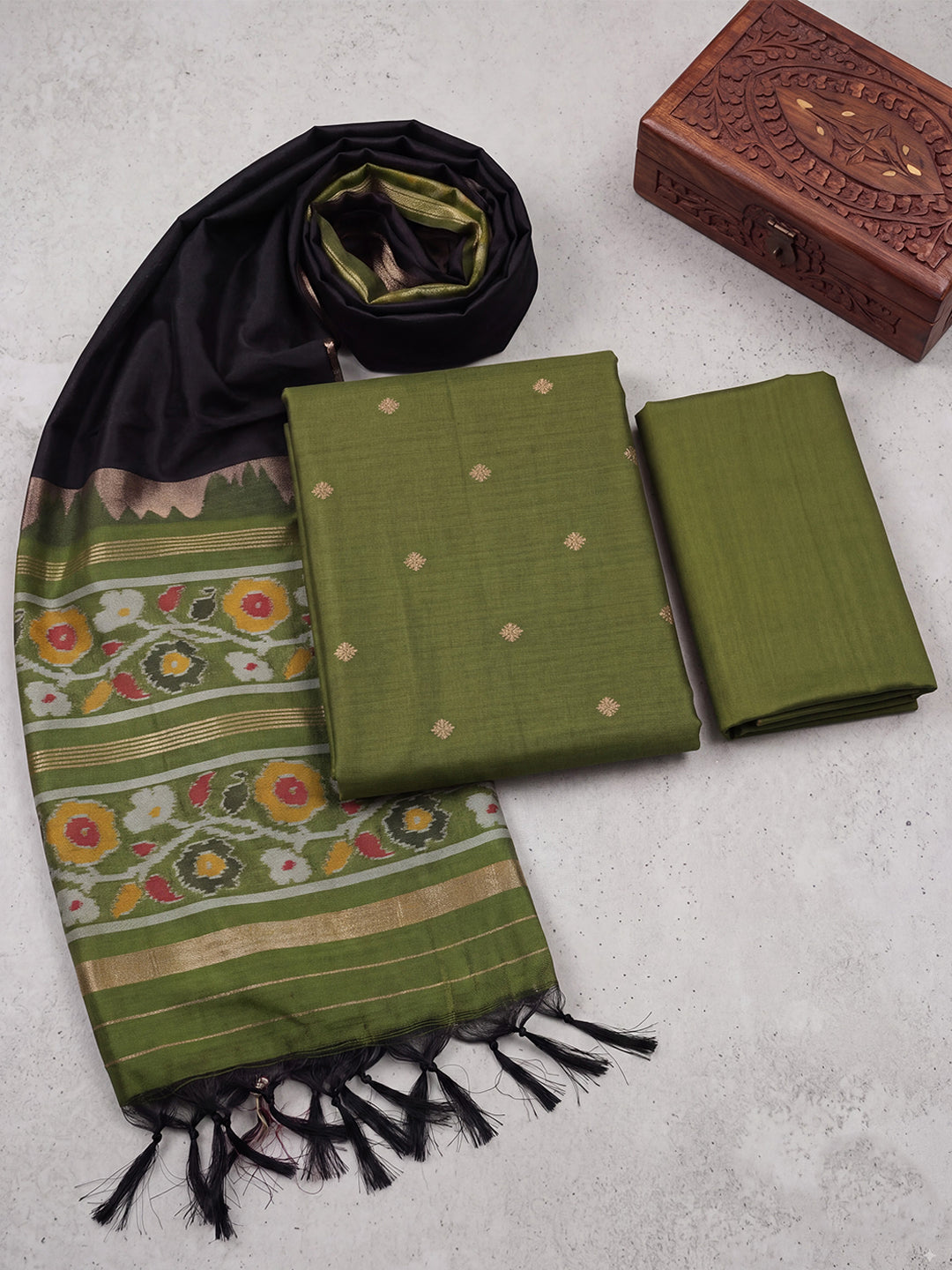 Women Semi Tussar Dress Material Green with Black DM368