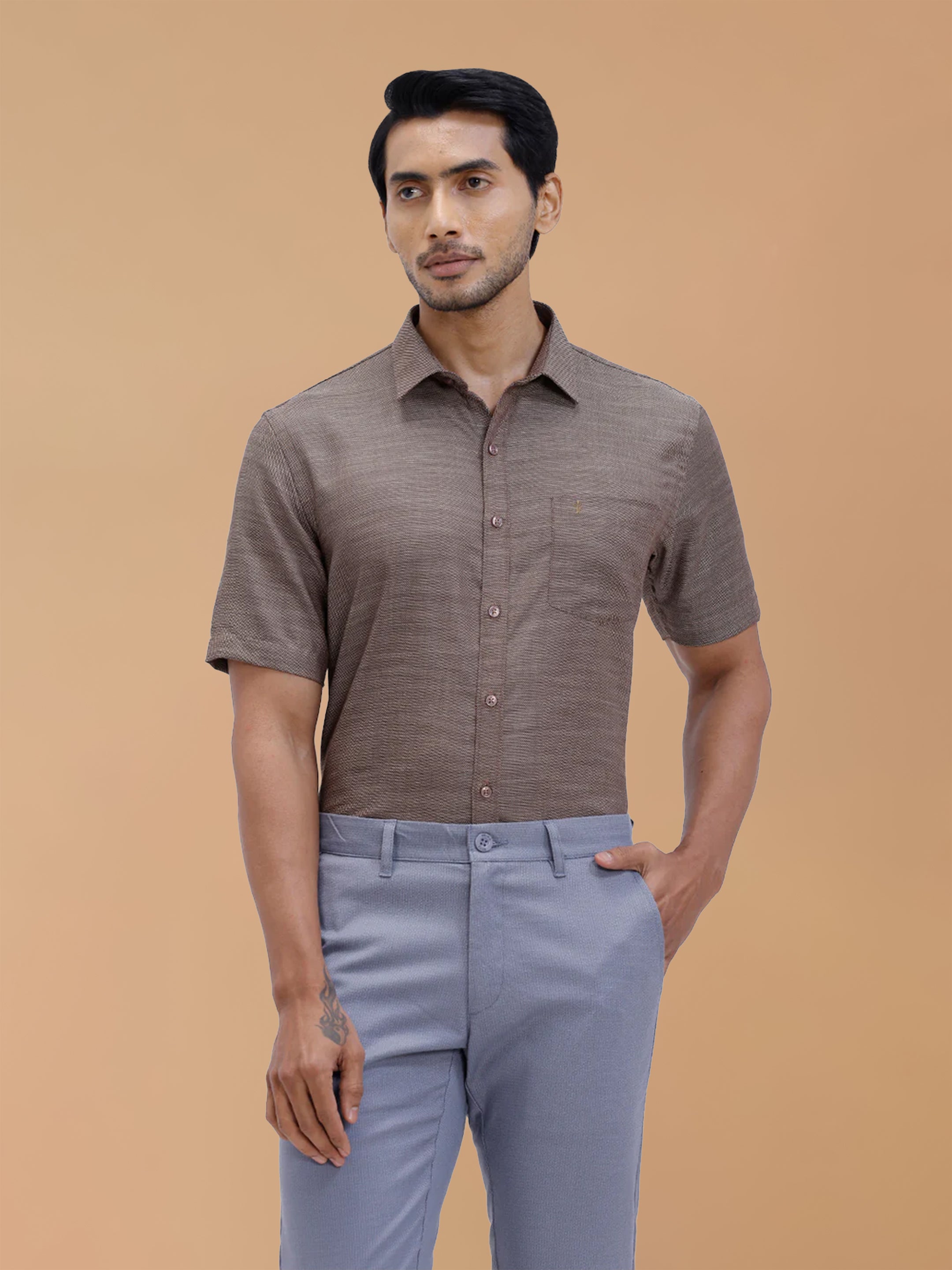 Cotton Rich Brown Dobby Regular Fit Shirt T59 AIT4