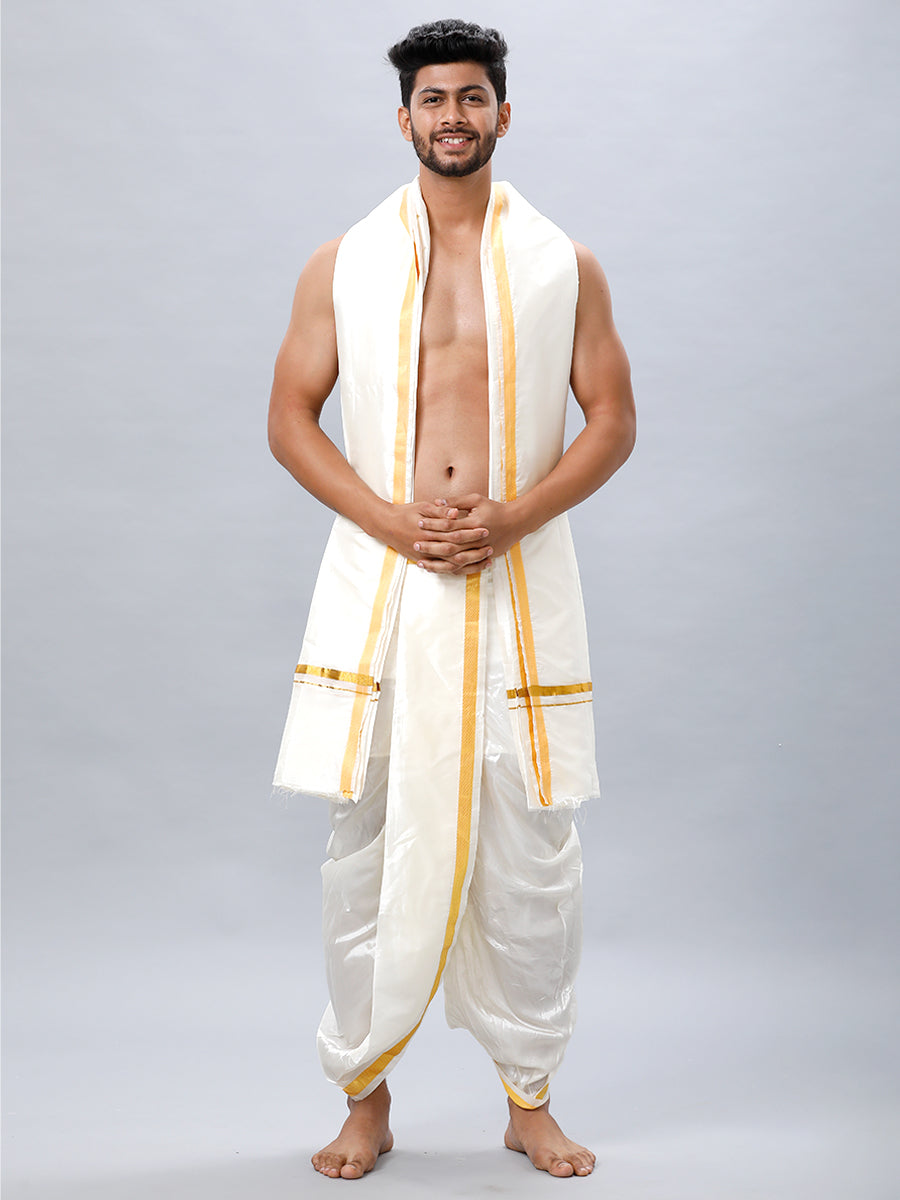 Men Premium Soft Silk Cream Readymade Panchakacham & Towel Set Pranav