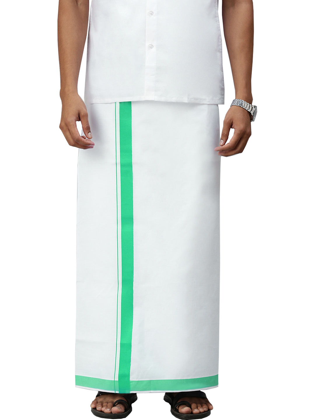 Men Cotton Blend Single Layer White Dhoti with Big Border WS11