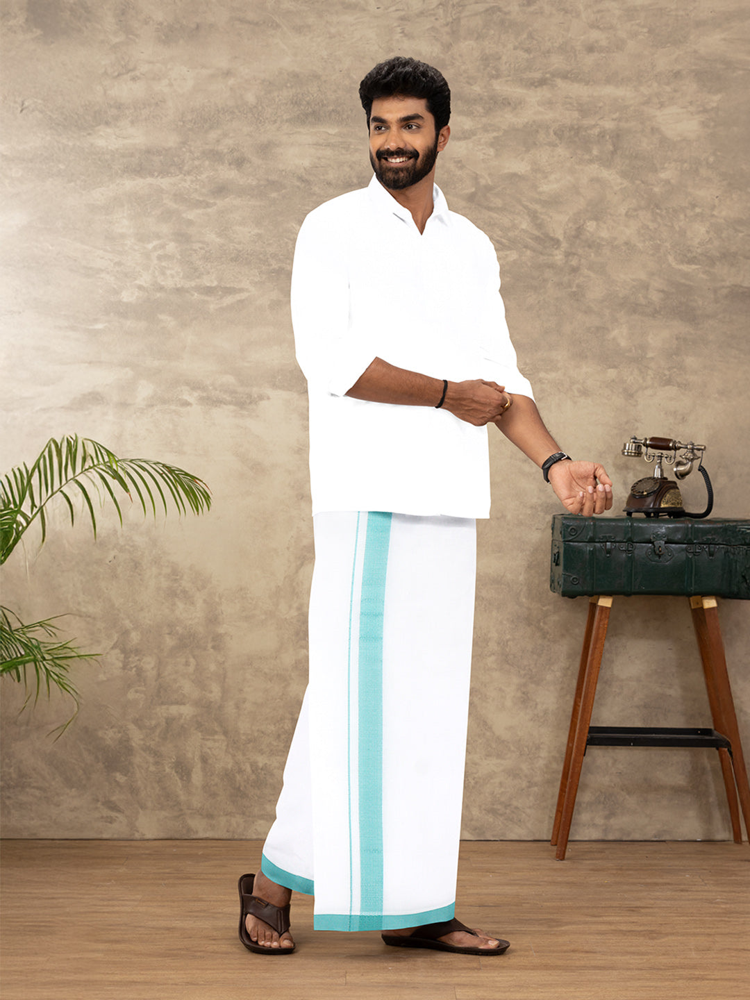 Men Cotton Blend Double Layer White Dhoti with Fancy Border TF07