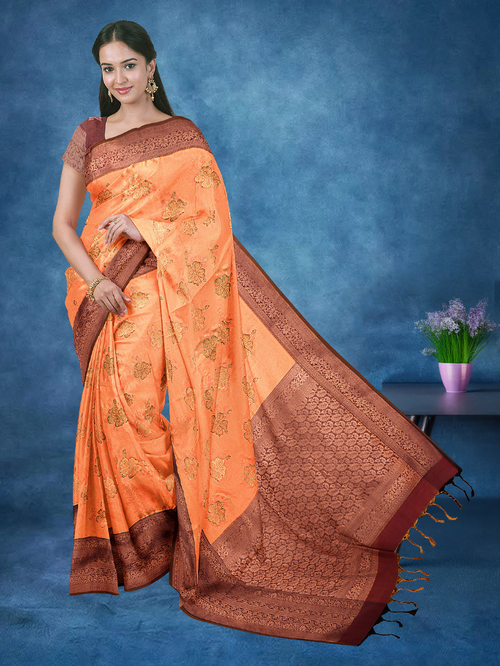 Women Orange Soft Silk Saree SD02