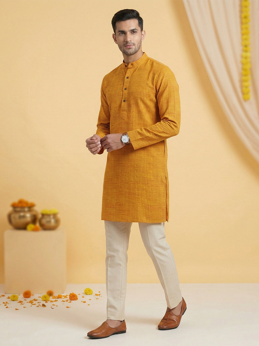 Cotton Medium Length Self Design Pocket Kurta Orange Y1