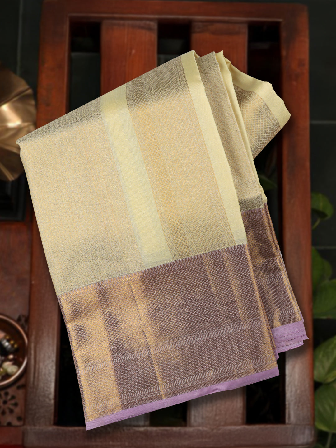 Men Elegant Premium Pure Silk Cream Dhoti & Towel Set with 6" inch Gold Jari Border Amirtham AM12