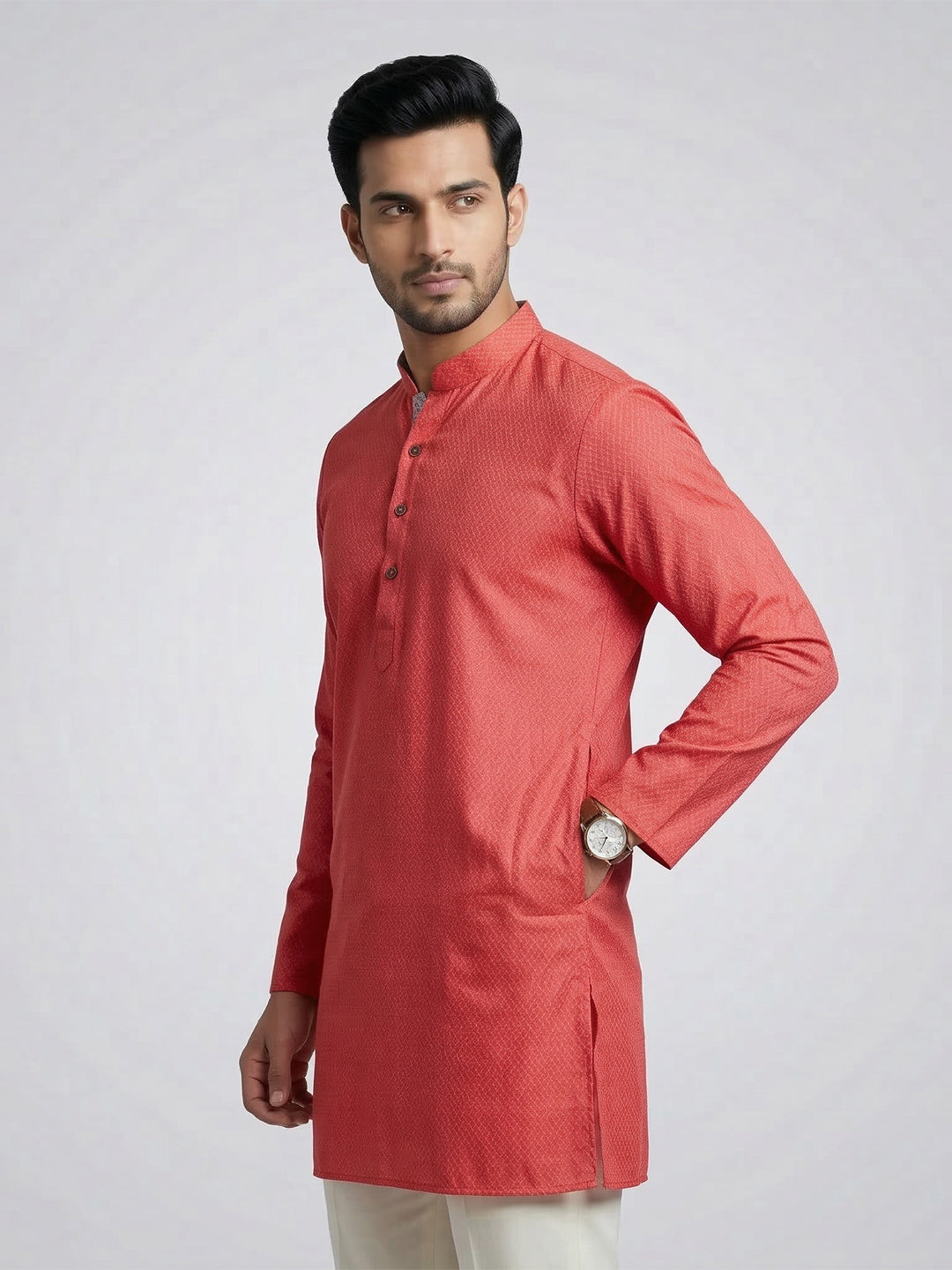 Men Cotton Medium Length Printed Pocket Kurta Reddish Pink MHJ3