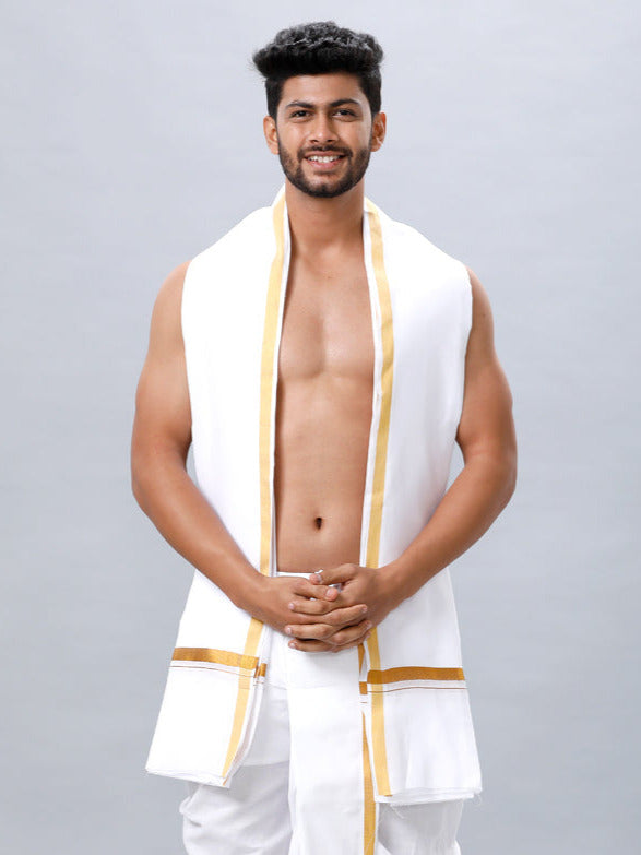Men's Readymade White Panchakacham & Angavastram with Gold Jari Border Aashan