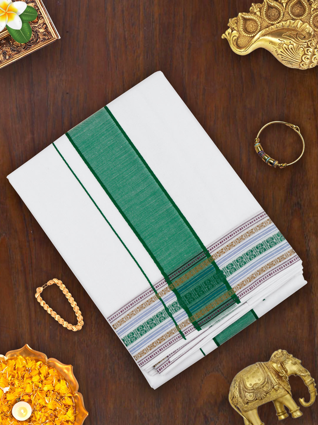 Mens White Panchakacham with Angavasthram Green Fancy Border Srirasthu (9+5)