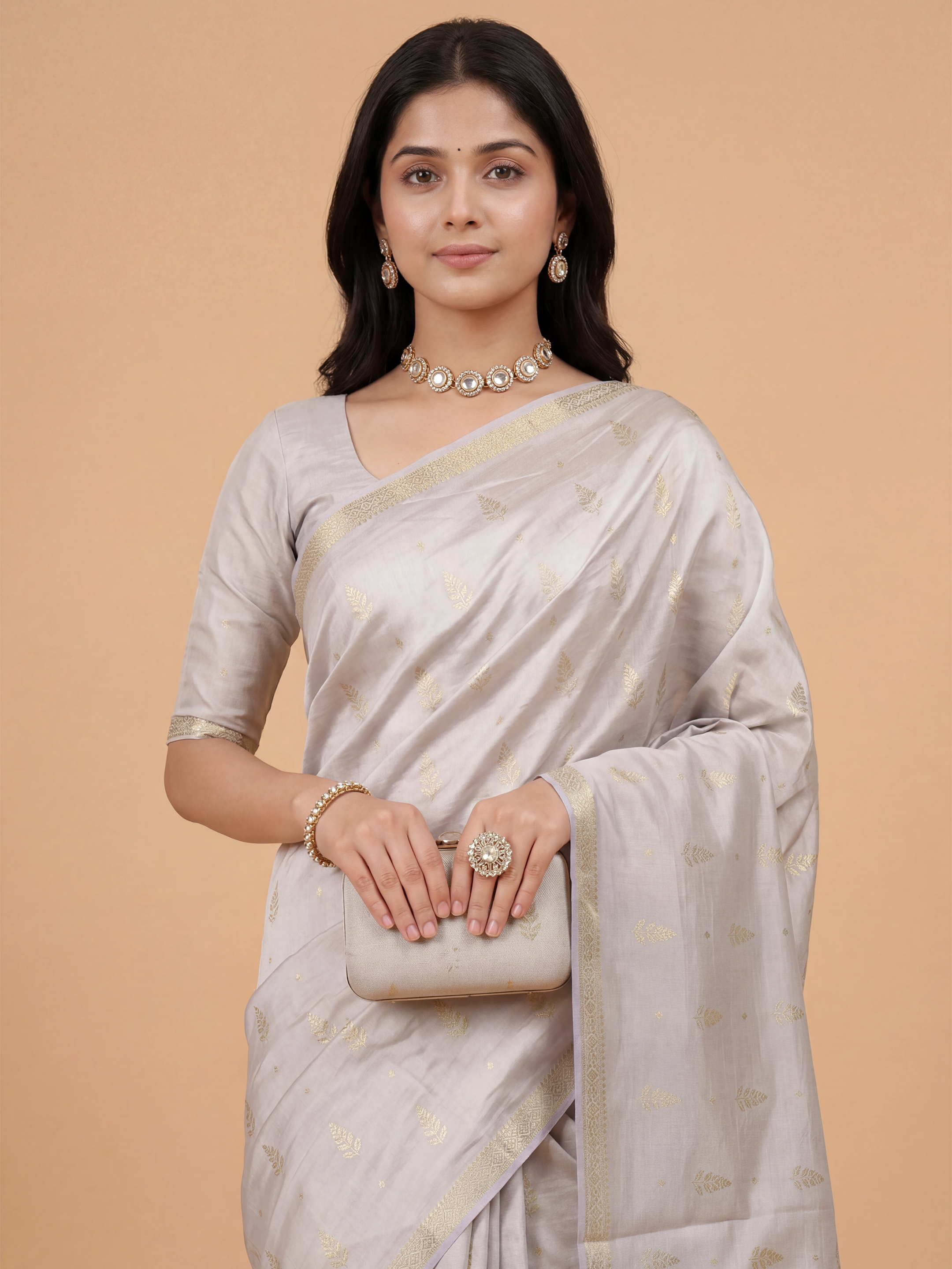 Women Semi Tussar Printed Grey Saree ST346