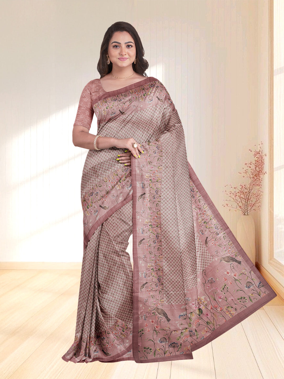 Women Peach Semi Tussar Printed Saree ST253