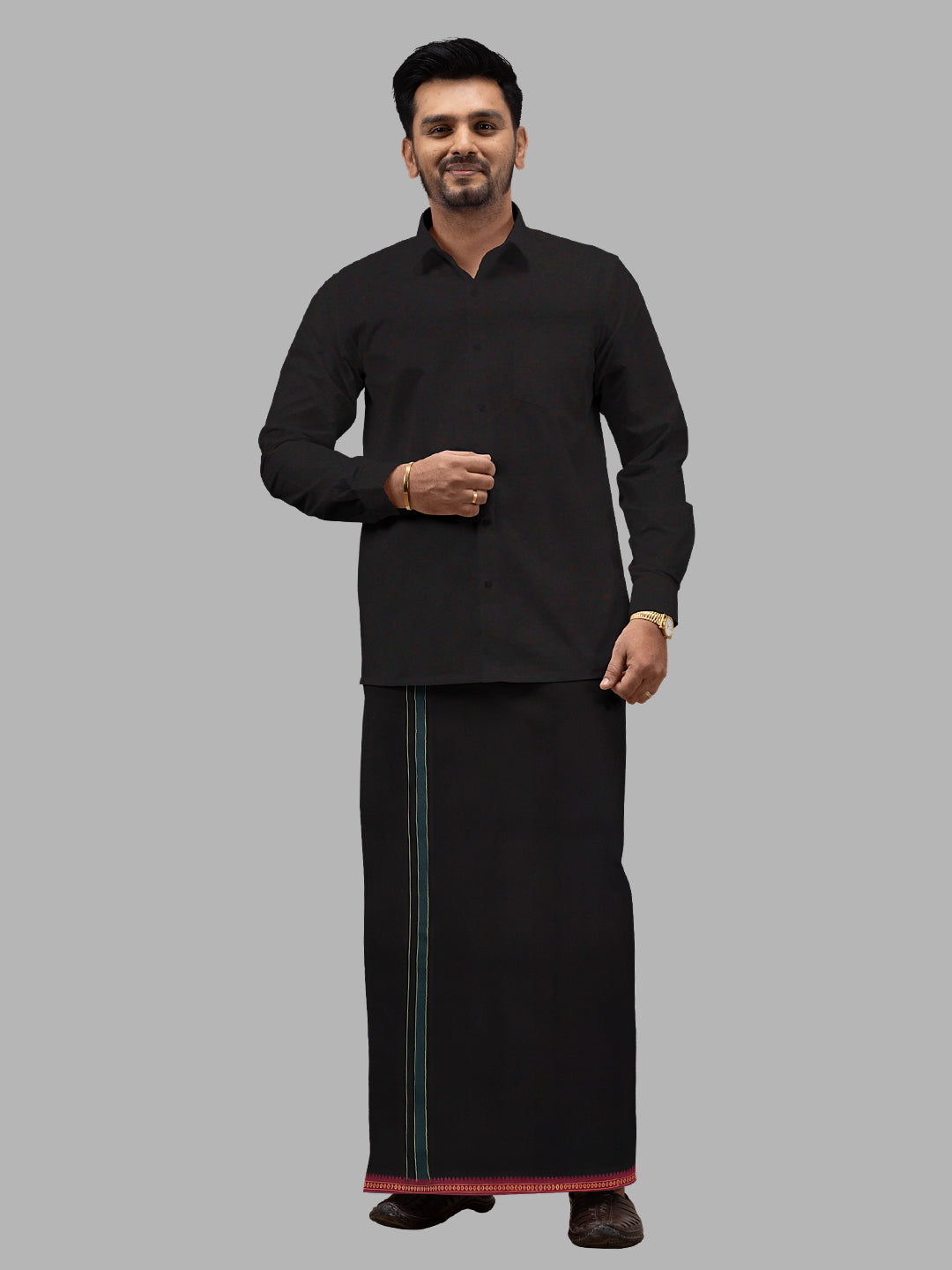 Men 100% Cotton Single Layer Black Dhoti with Mayilkhan Border Slokam (4 Way Dhoti )