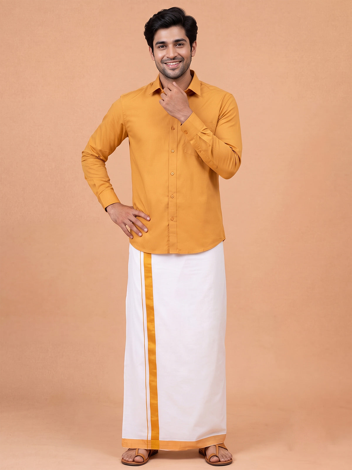 Double Layer 100% Cotton White Dhoti With Mustard Border - RS08