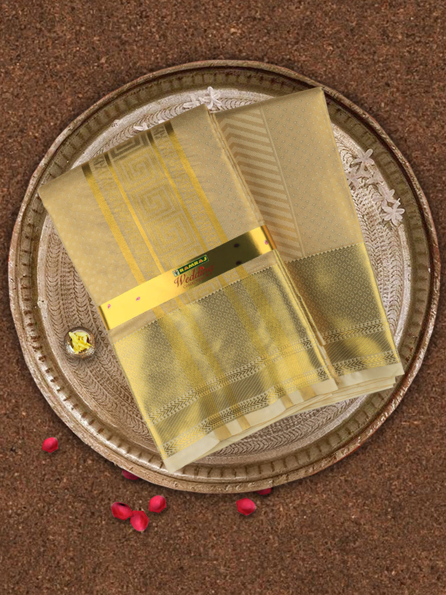 Men Art Silk Wedding Set Dhoti Shirting & Towel Set Gold Brahmotsavam B11(3*1)