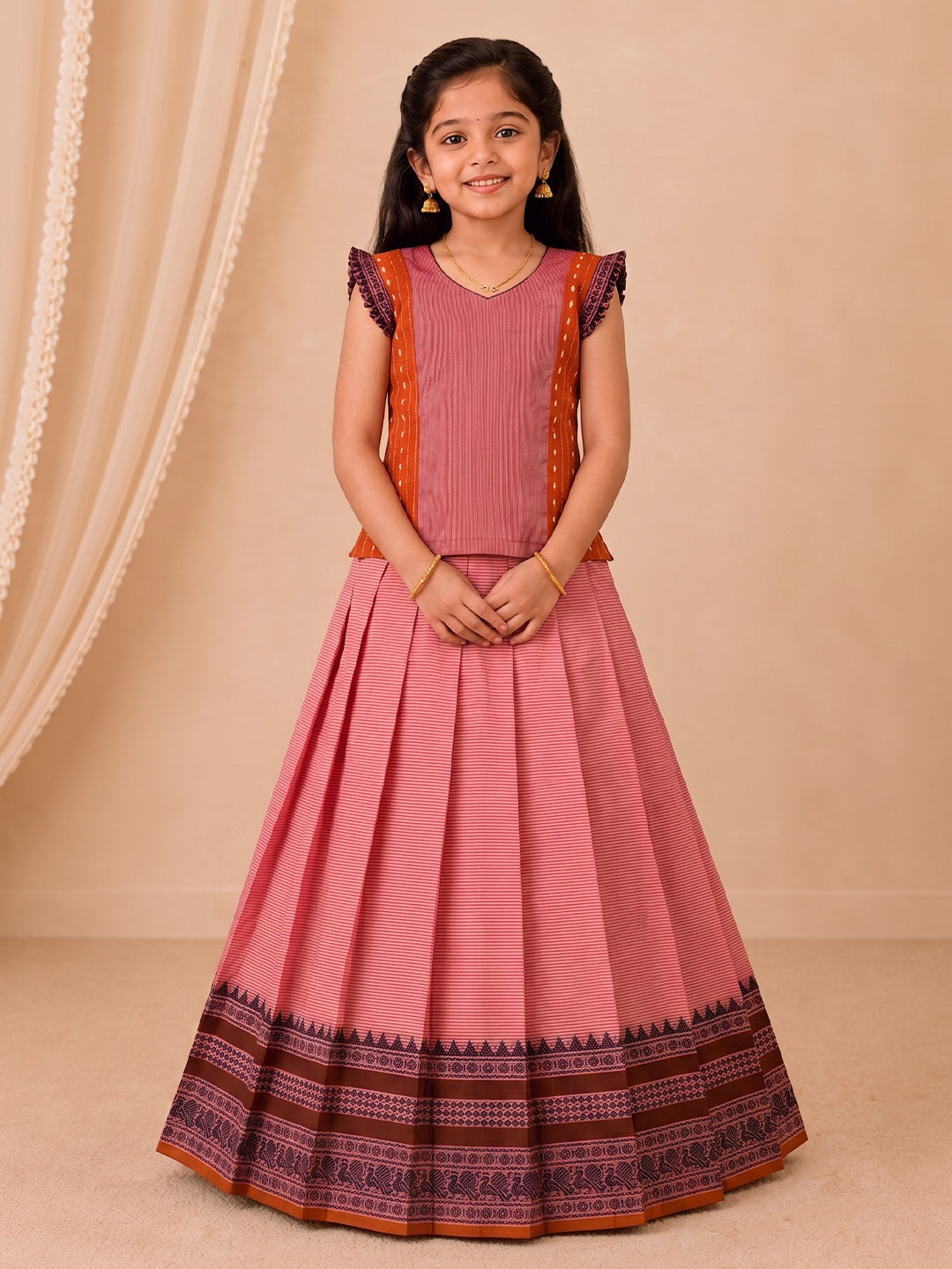 Girls Cotton Lilac with Brown Pattu Pavadai Set GPS51