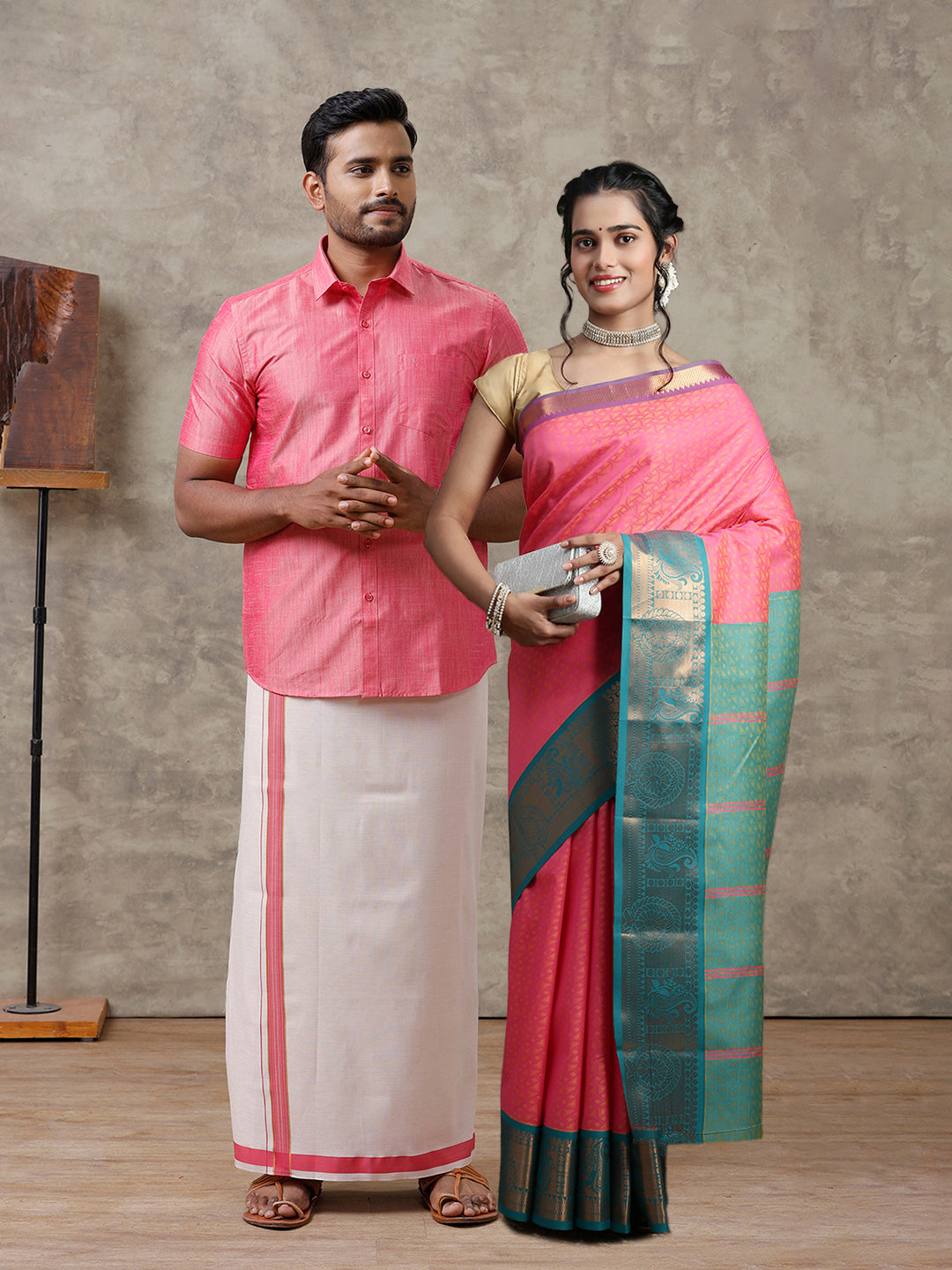 Couple Combo Shirt & Dhoti Set with Saree Pink ASS118