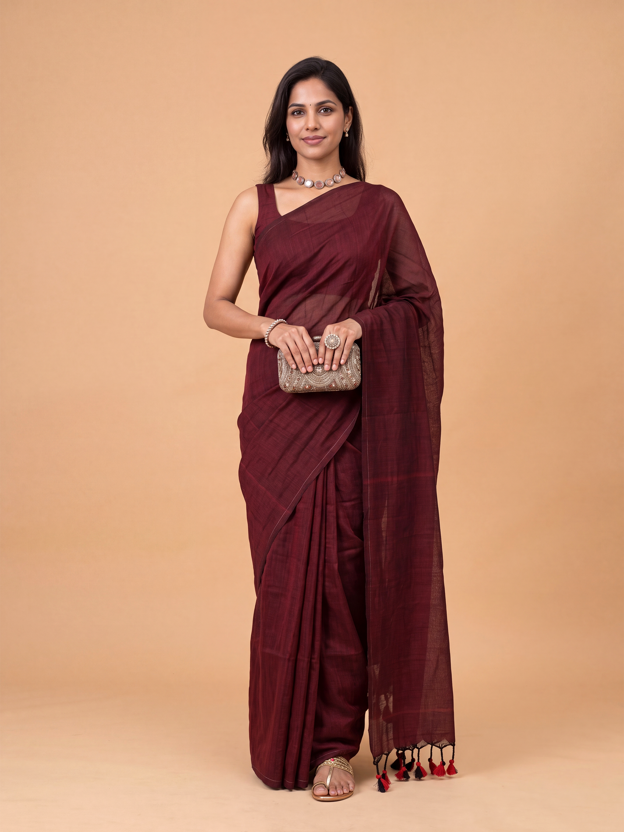 Women Pure Cotton Dark Maroon Saree PCS293