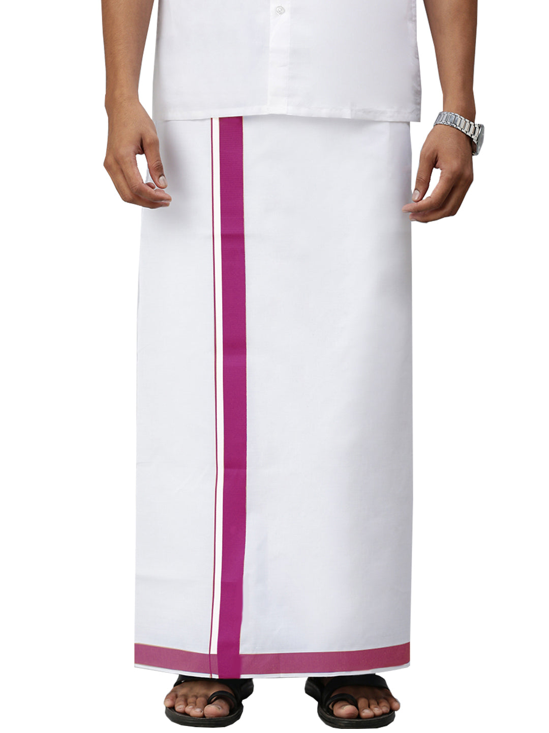 Mens Elegant Look Cotton Single Dhoti with Pink Fancy Border